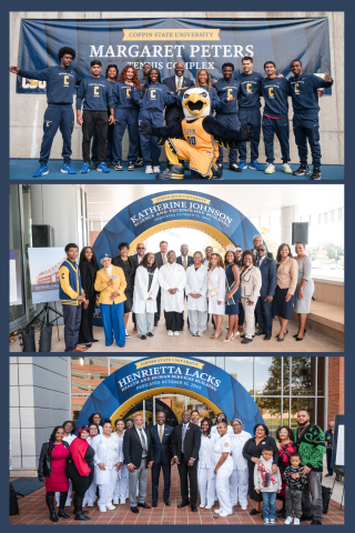 three pictures with students, faculty, staff, and alum at the unveiling of the tennis court and two academic building on campus.