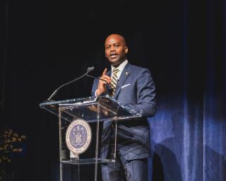 President Jenkins delivering the State of the University Address (Homecoming 2025)