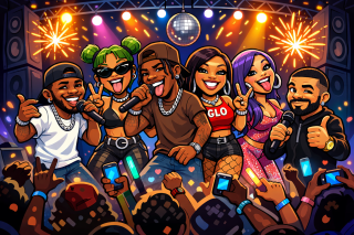 Cartoon graphic of hip hop artist in concert (AI generated).