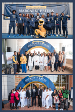 three pictures with students, faculty, staff, and alum at the unveiling of the tennis court and two academic building on campus.