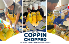 Coppin Chopped—The Black Table: “What’s at Our Table? Three photos of competitors during competition chopping vegetables, sautéing meats, and standing proudly in front of their completed dishes.